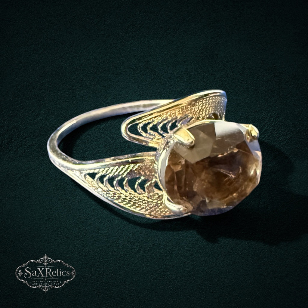 Reina de Humo — Vintage Sterling Silver Smoky Topaz Filigree Ring (Size 8)