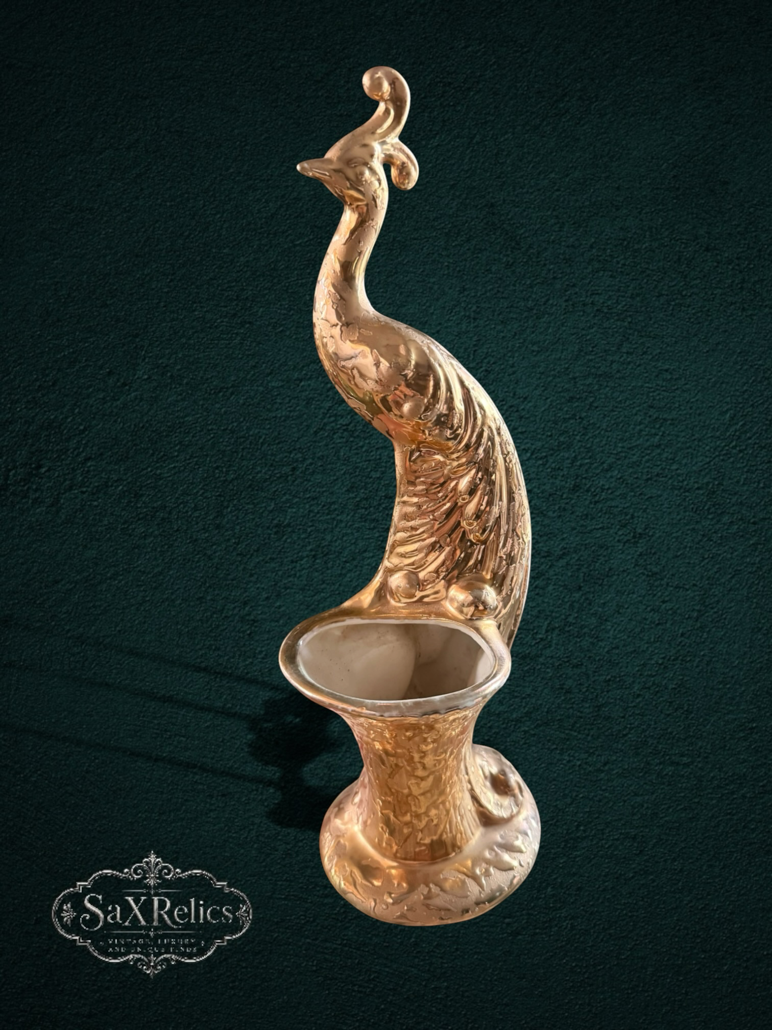 Pavo Real — Mid-Century Gold-Glaze Ceramic Peacock Vase (24K Gold, Made in USA)