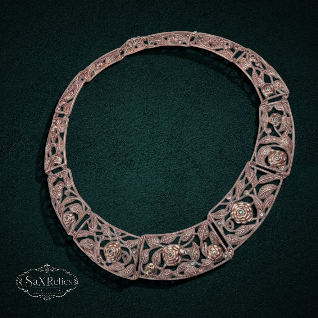 Rosaleda — Vintage Sterling Silver Marcasite Filigree Rose Collar (925)