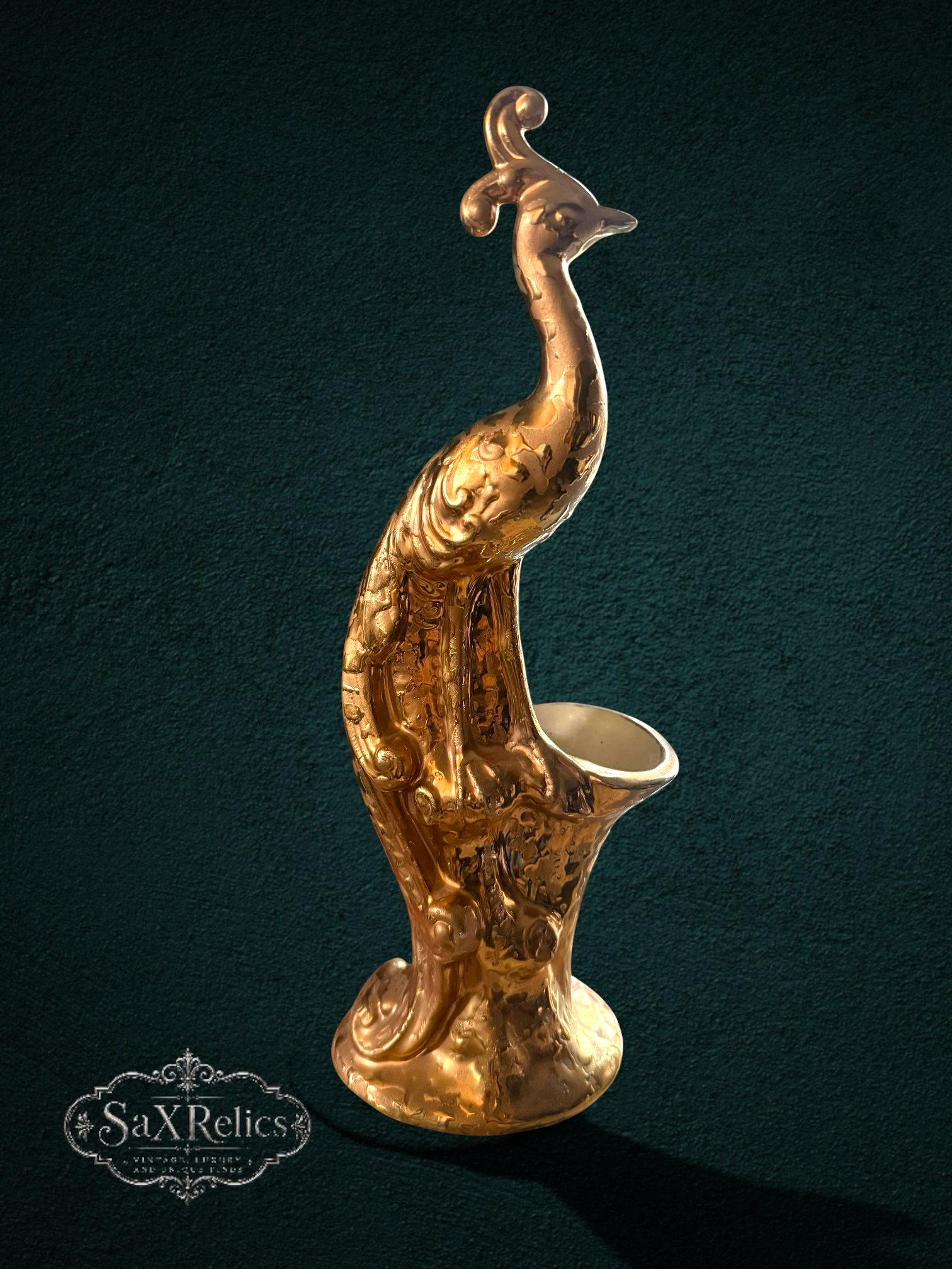Pavo Real — Mid-Century Gold-Glaze Ceramic Peacock Vase (24K Gold, Made in USA)