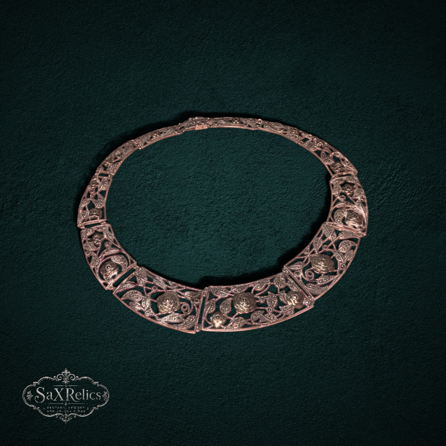 Rosaleda — Vintage Sterling Silver Marcasite Filigree Rose Collar (925)