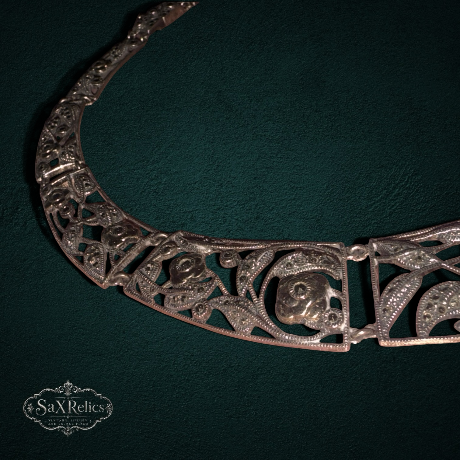 Rosaleda — Vintage Sterling Silver Marcasite Filigree Rose Collar (925)