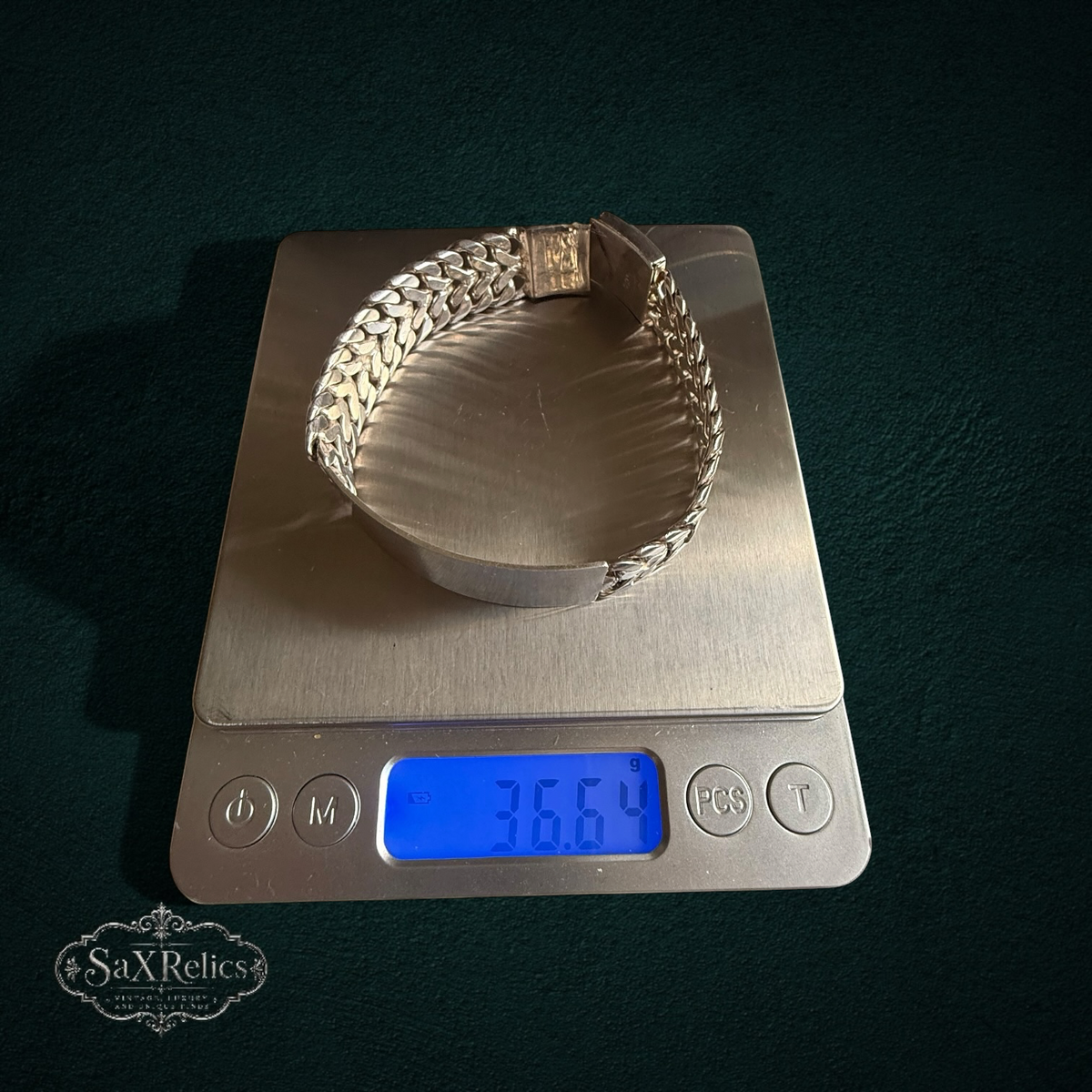 SaX Relics — Cédula sterling silver woven-link ID bracelet, additional detail view.