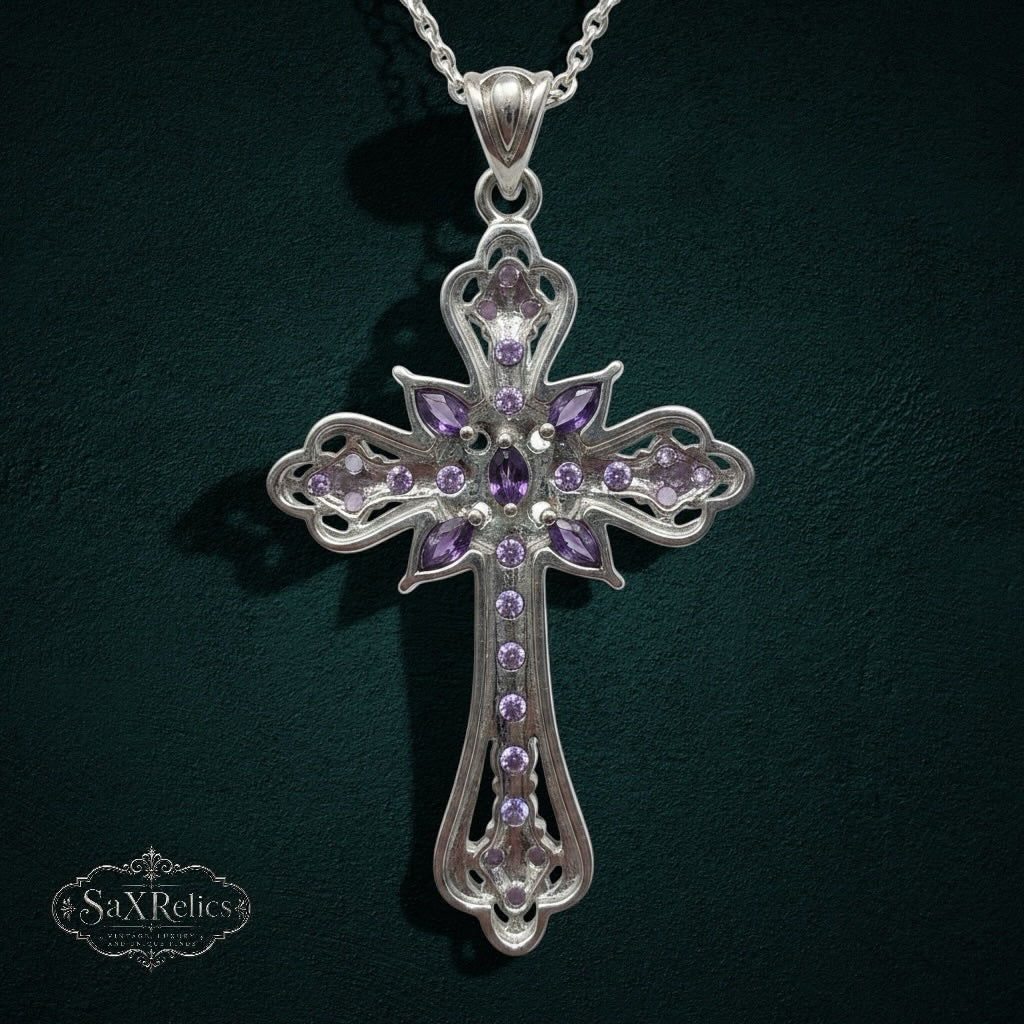 My Store sterling silver cross pendant featuring ornate filigree detailing and deep purple amethyst gemstones.
