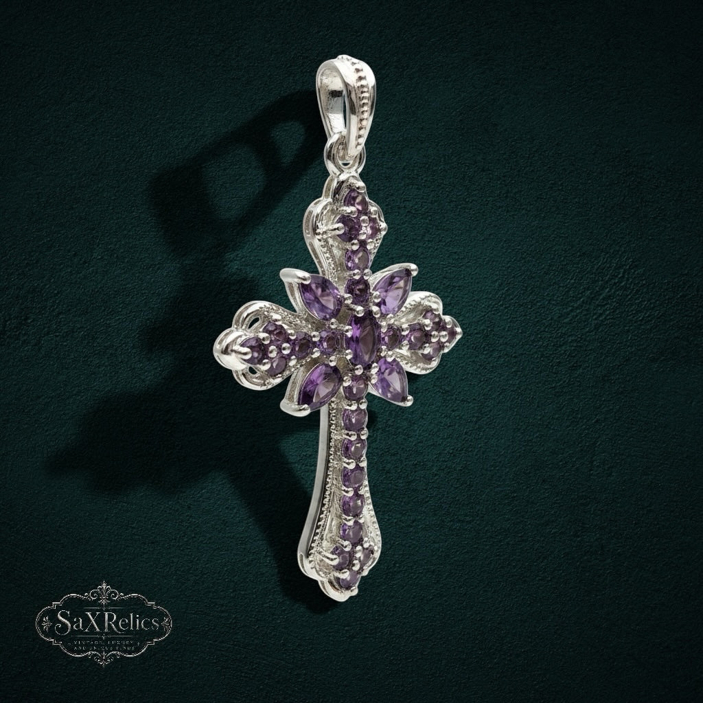 My Store sterling silver cross pendant featuring ornate filigree details and vibrant purple amethyst gemstones.