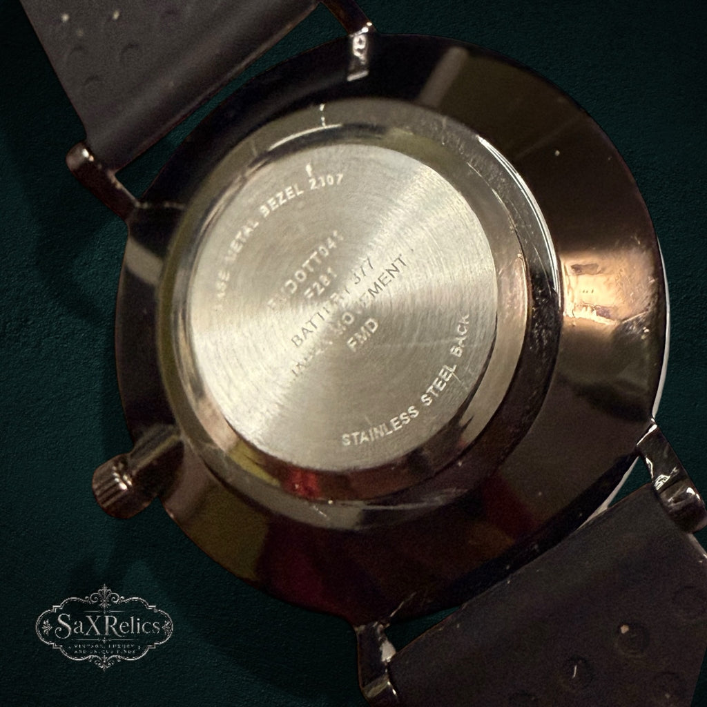 SaX Relics minimalist watch stainless steel caseback showing the Japan movement markings