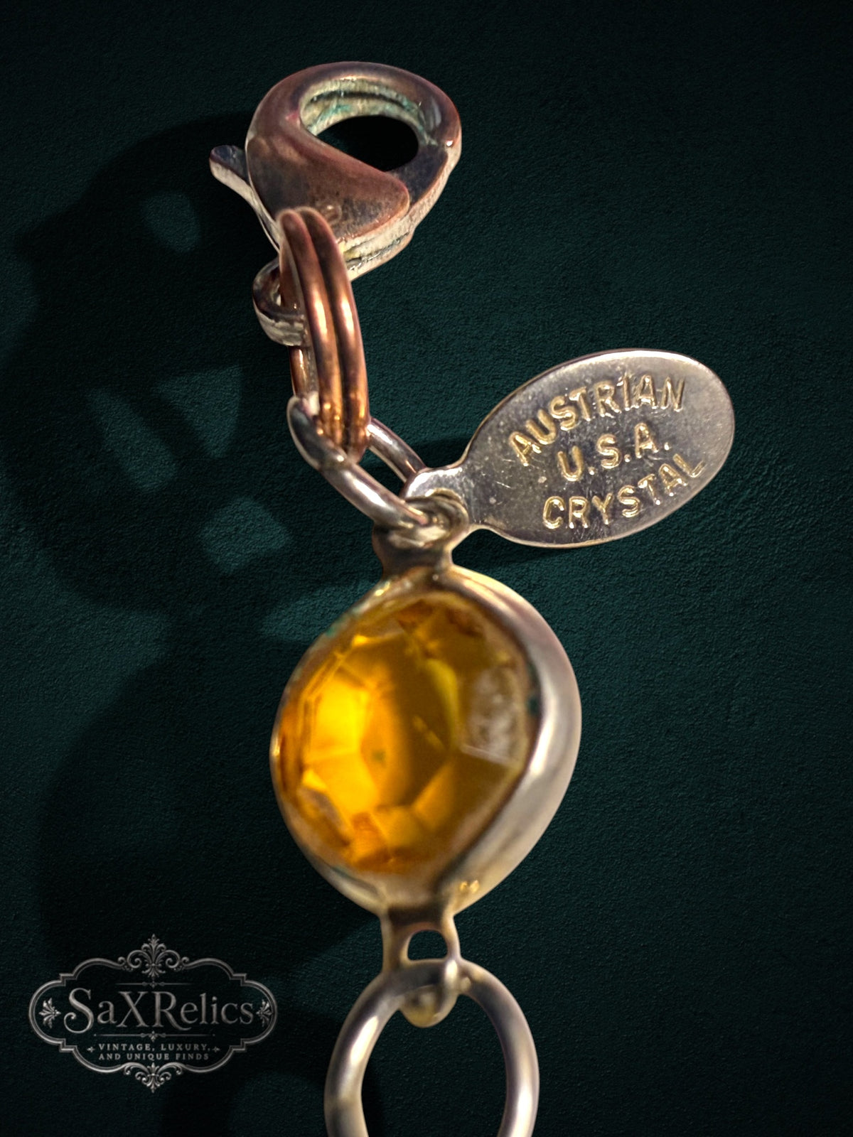 My Store vintage Austrian crystal link bracelet with a yellow faceted stone and authentic hallmark tag