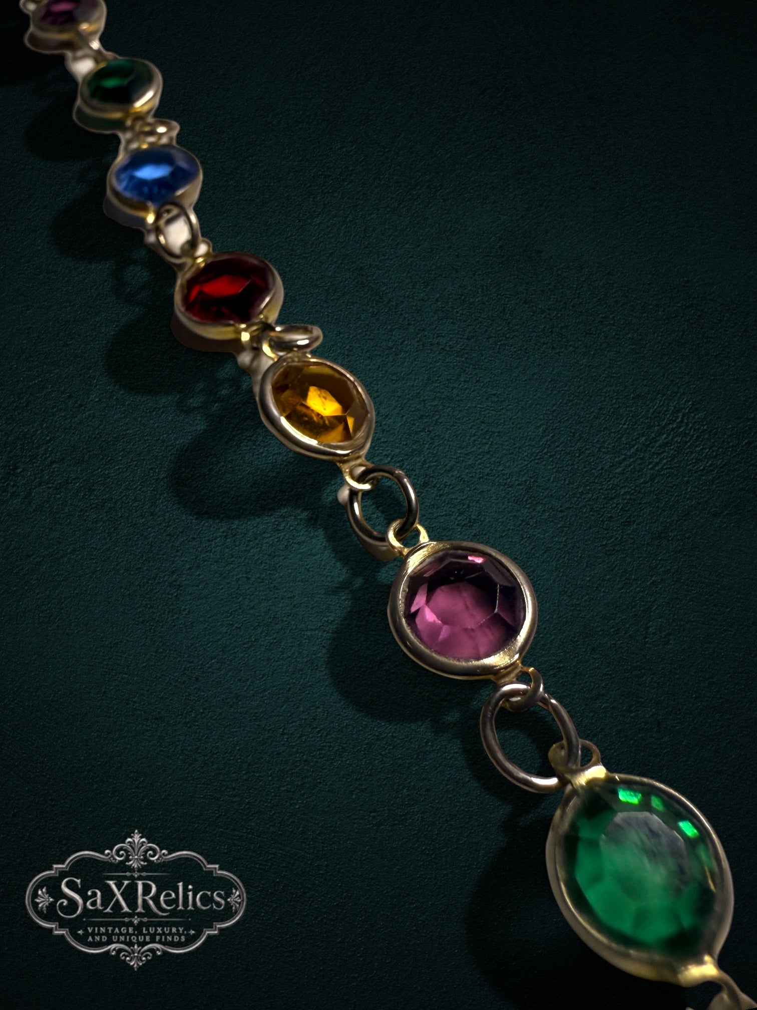 My Store vintage Austrian crystal link bracelet featuring multi-colored faceted stones in a polished gold-tone setting.