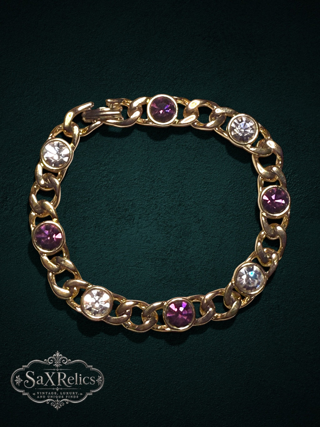 My Store vintage Austrian crystal link bracelet featuring multi-colored faceted stones set in a gold-tone chain