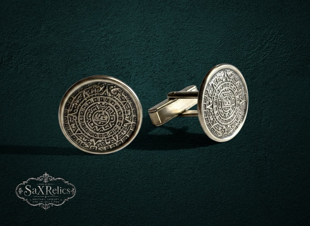My Store vintage-inspired silver-tone cufflinks featuring intricate embossed Aztec sun stone calendar designs.