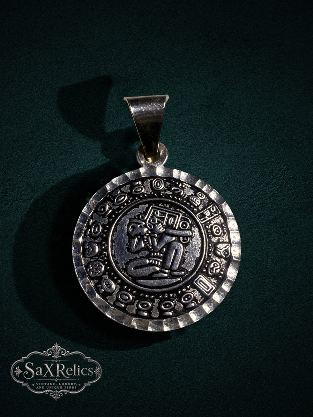 Tonalli sterling silver Aztec calendar pendant, high-relief front