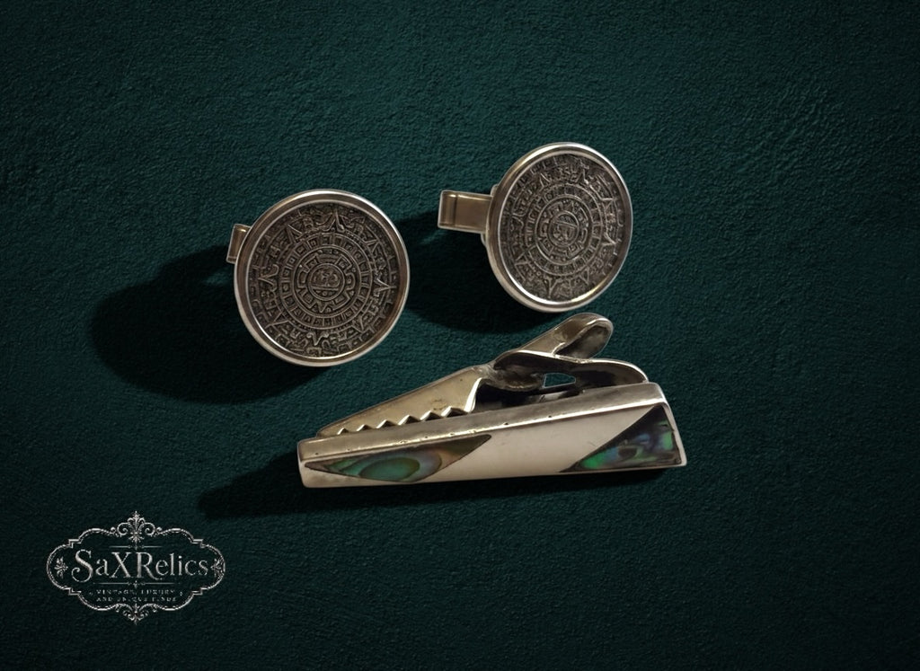 My Store SaxRelics silver-tone Aztec calendar cufflinks and geometric tie bar with iridescent abalone shell inlay