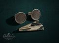 My Store SaxRelics silver-tone Aztec calendar cufflinks and geometric tie bar with iridescent abalone shell inlay