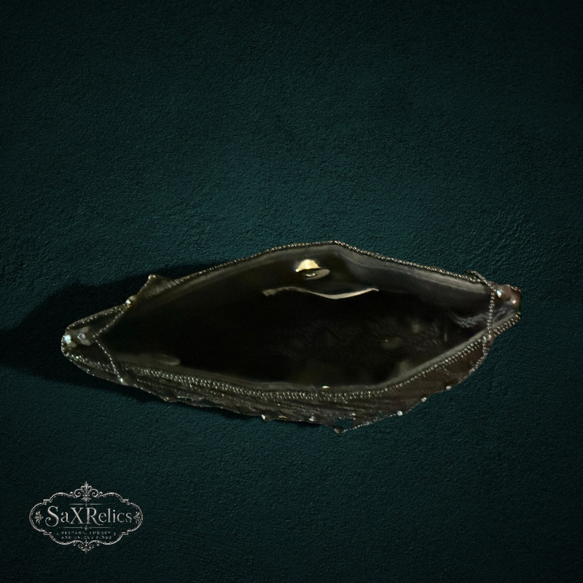 My Store vintage-inspired black beaded evening clutch bag with an open interior view