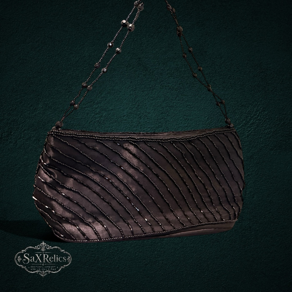 My Store vintage-inspired black beaded evening clutch with diagonal beadwork and a delicate matching beaded strap