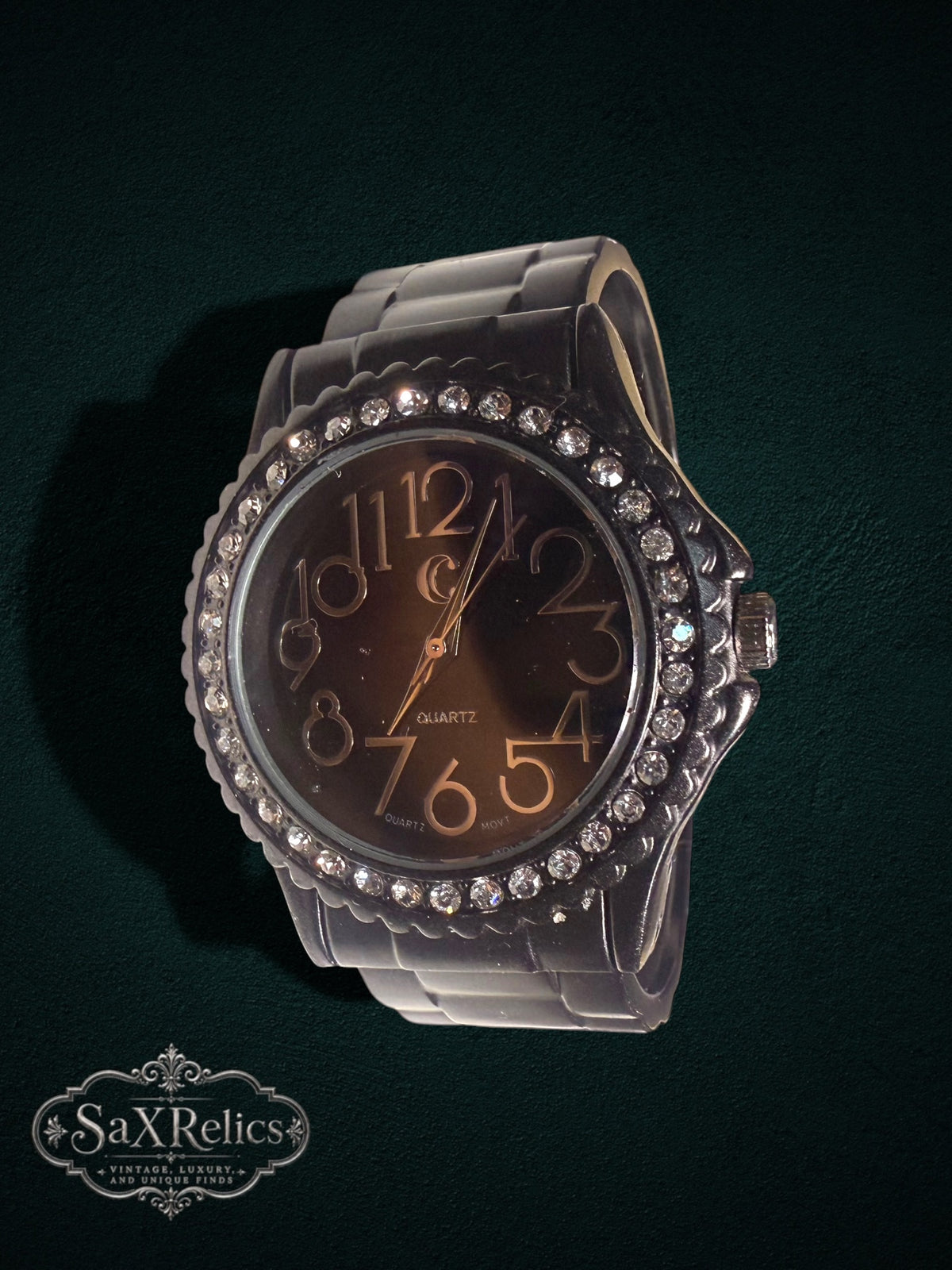 My Store elegant black quartz wristwatch with a crystal-encrusted bezel and clear numerical dial markers