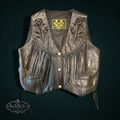 My Store black leather vest with fringe, rose cut-out appliqués, and snap-button closure in a western biker style.