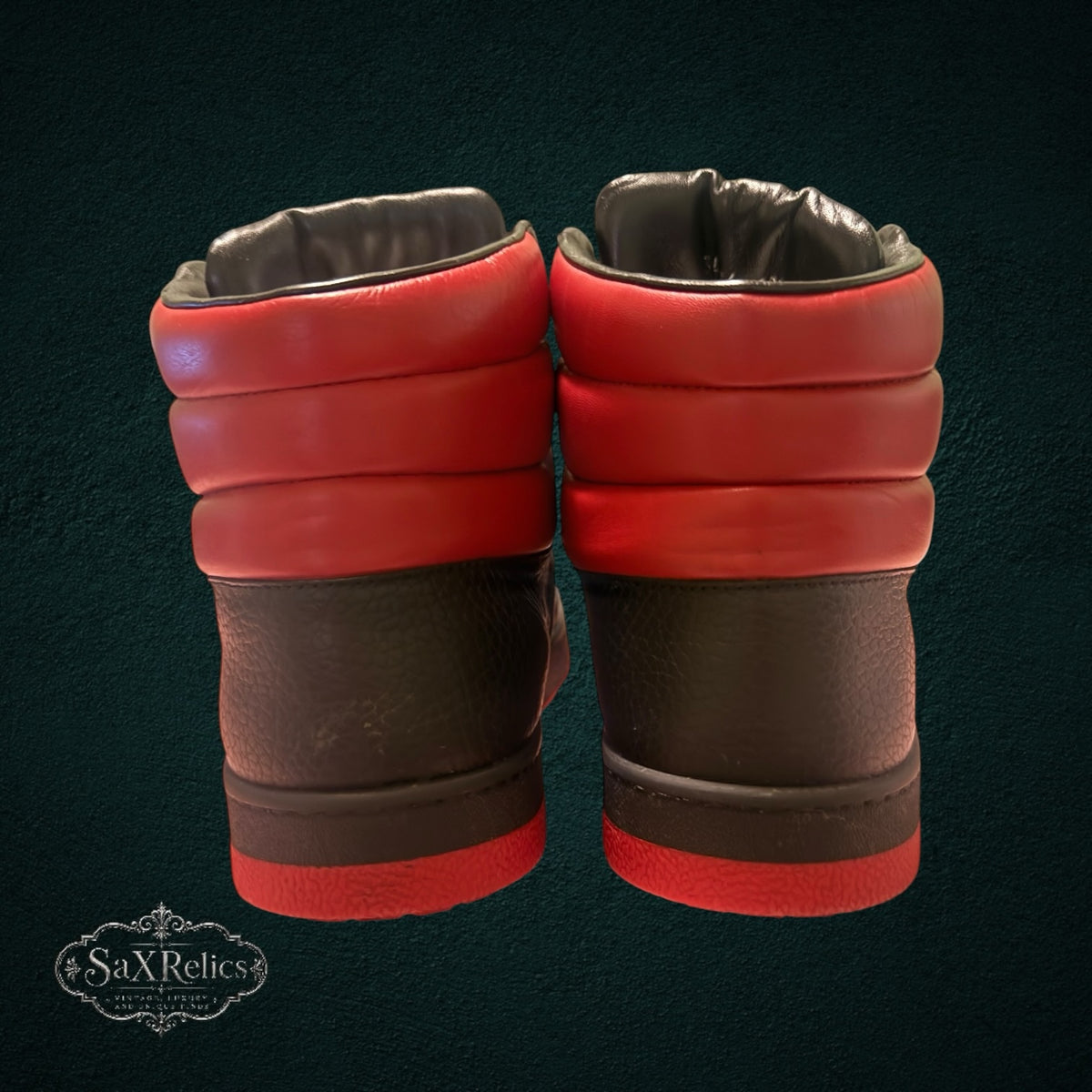 SaX Relics Gucci black and red leather high-top sneakers, rear view of padded collars