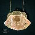 My Store vintage-style blush satin clutch with intricate floral beadwork, sequin rose motif, and antique gold clasp.