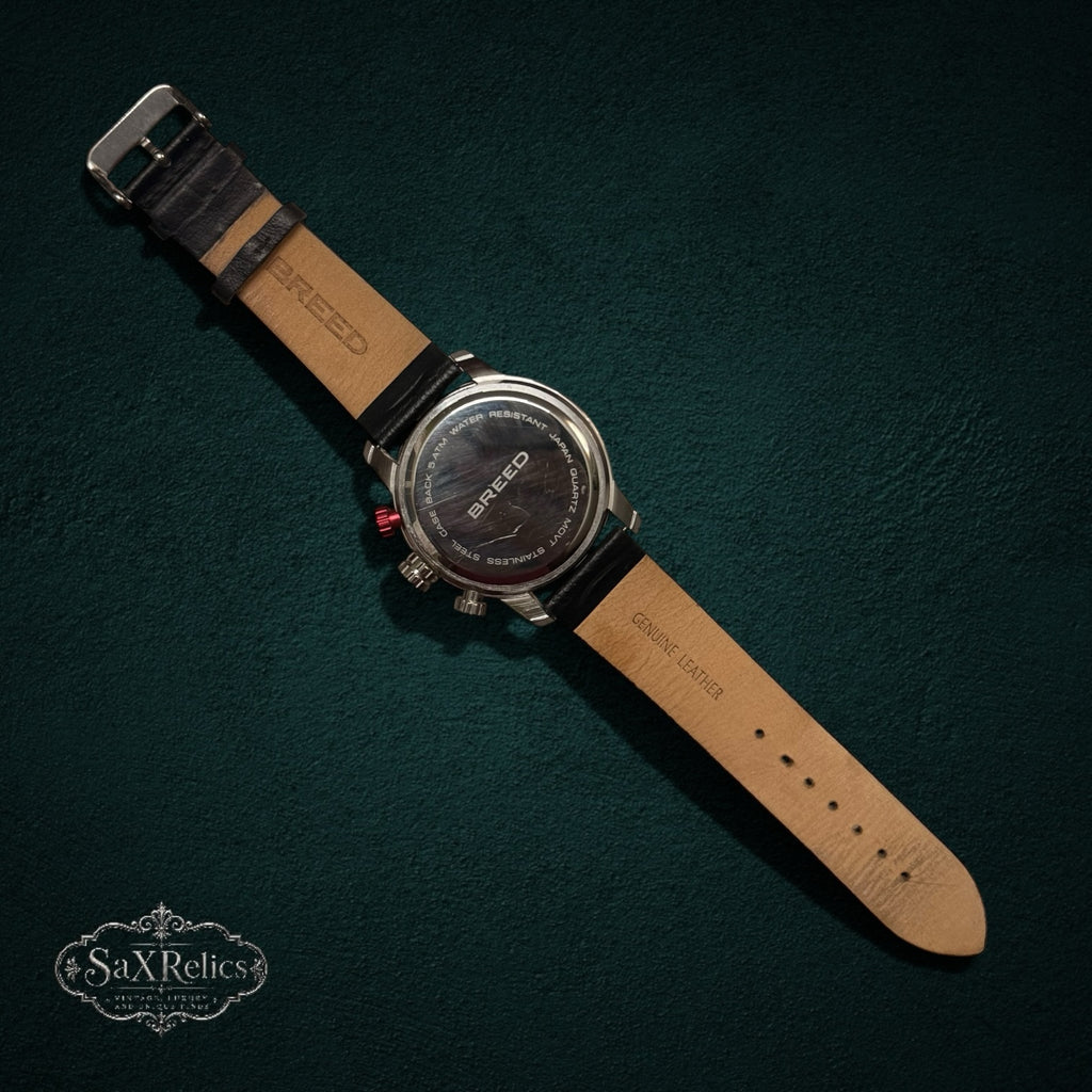 SaX Relics Breed chronograph watch back view showing the leather strap and stainless steel caseback