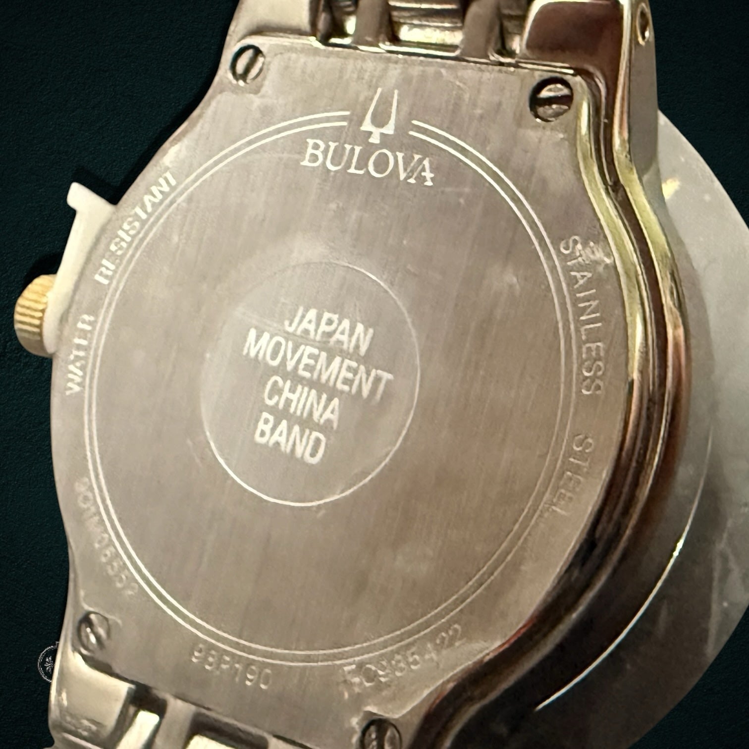 My Store Bulova stainless steel watch case back with Japan movement and China band engravings