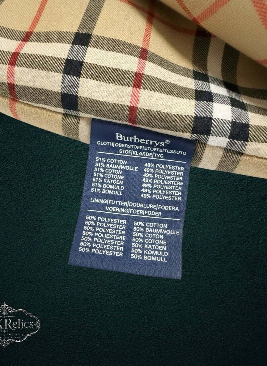 My Store vintage Burberrys trench coat fabric care label showing 51% cotton and 49% polyester blend with check lining