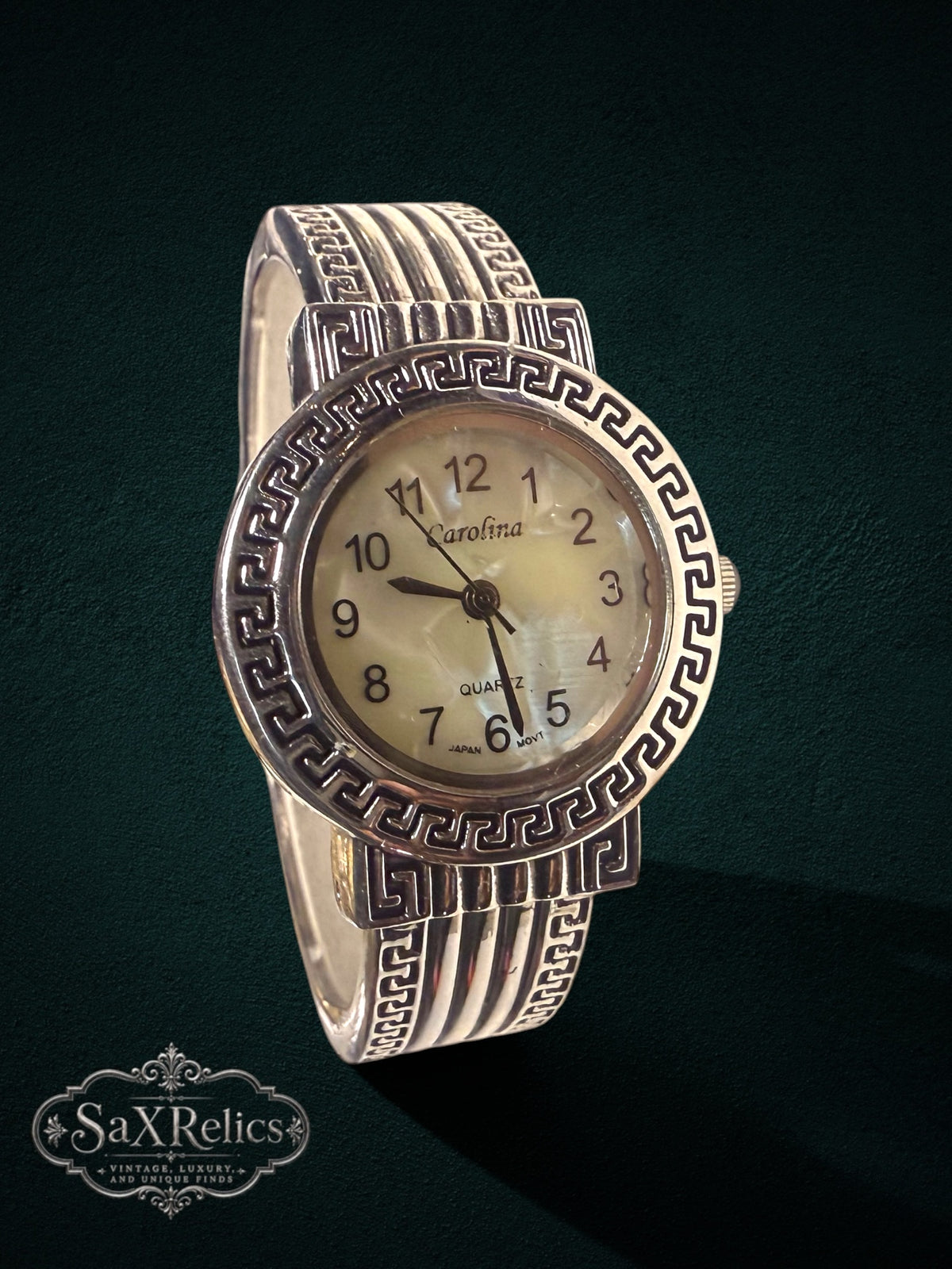 My Store Carolina silver-tone cuff watch with mother-of-pearl dial and intricate Greek key bezel motif