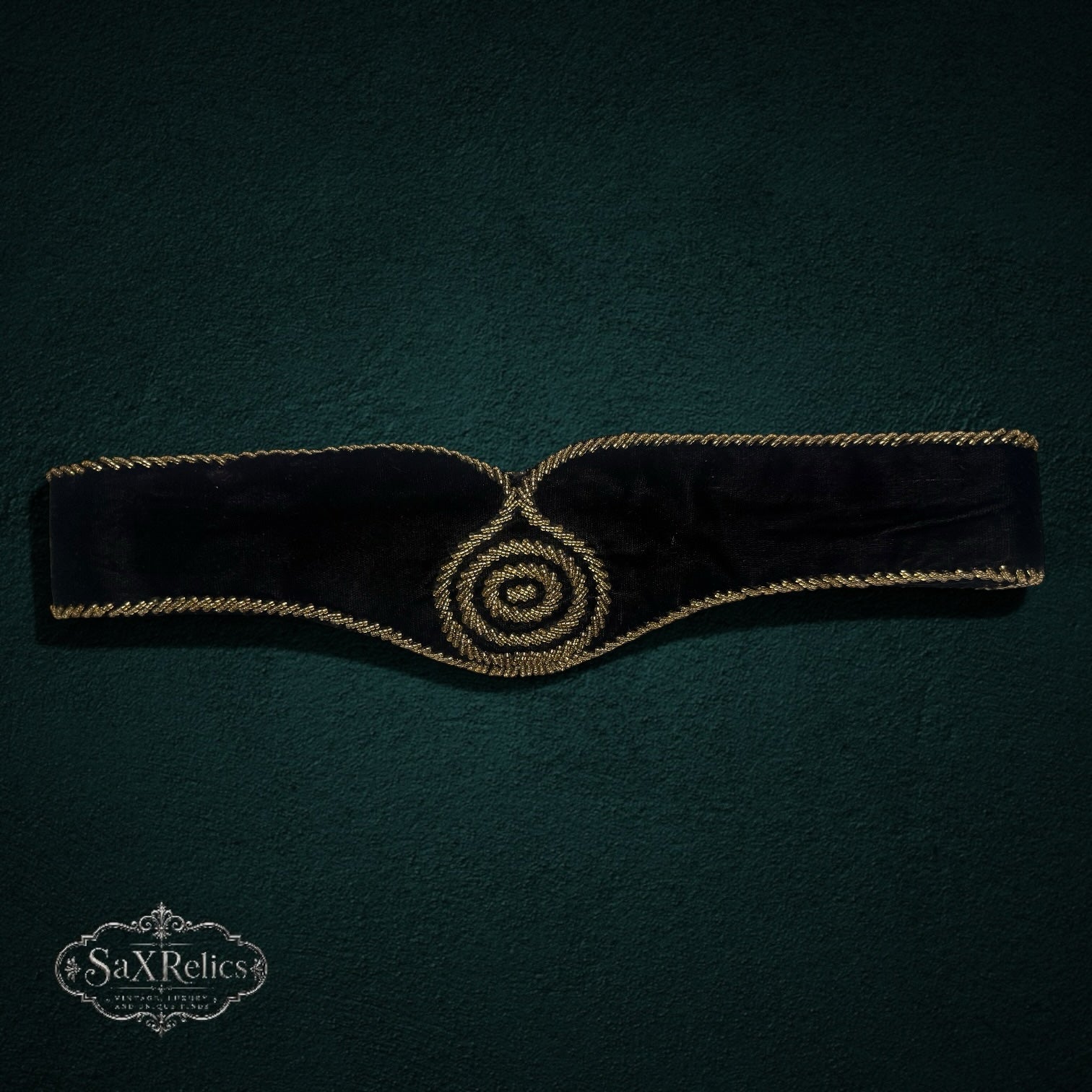 My Store vintage Christian Dior black velvet waist belt with gold-tone braided trim and spiral embroidery detail.