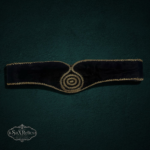 My Store vintage Christian Dior black velvet waist belt with gold-tone braided trim and spiral embroidery detail.