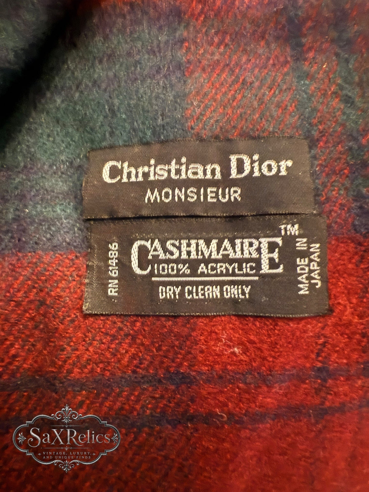My Store vintage Christian Dior Monsieur scarf label showing 100 percent acrylic material and red green plaid fabric