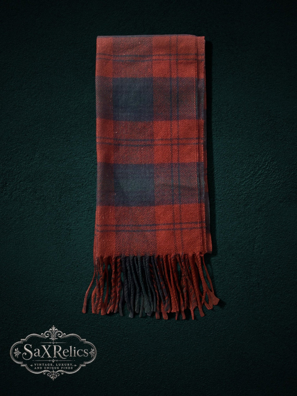 My Store vintage Christian Dior Monsieur winter scarf featuring a red and green plaid tartan pattern with fringed edges