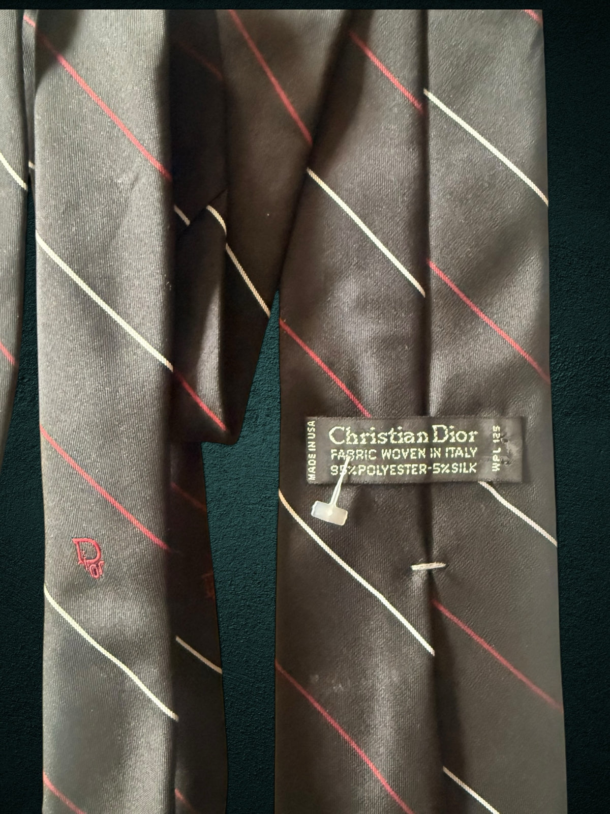 My Store Christian Dior black necktie with diagonal white and red pinstripes and embroidered logo detail