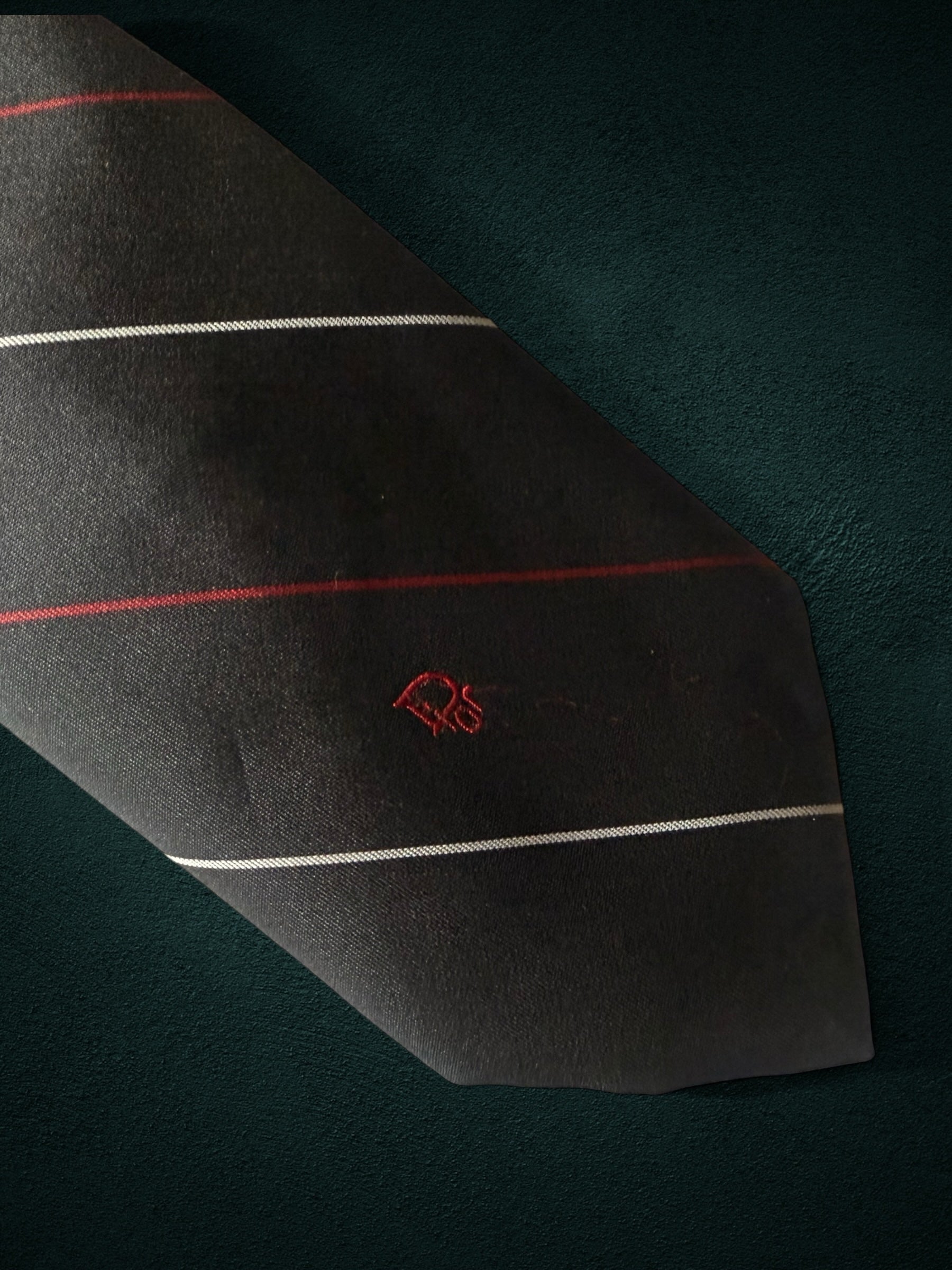 My Store Christian Dior black necktie with white and red diagonal pinstripes and embroidered logo in polyester silk
