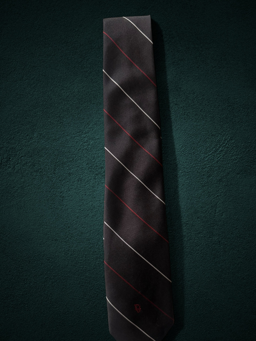 My Store Christian Dior black necktie with white and red diagonal pinstripes and embroidered logo