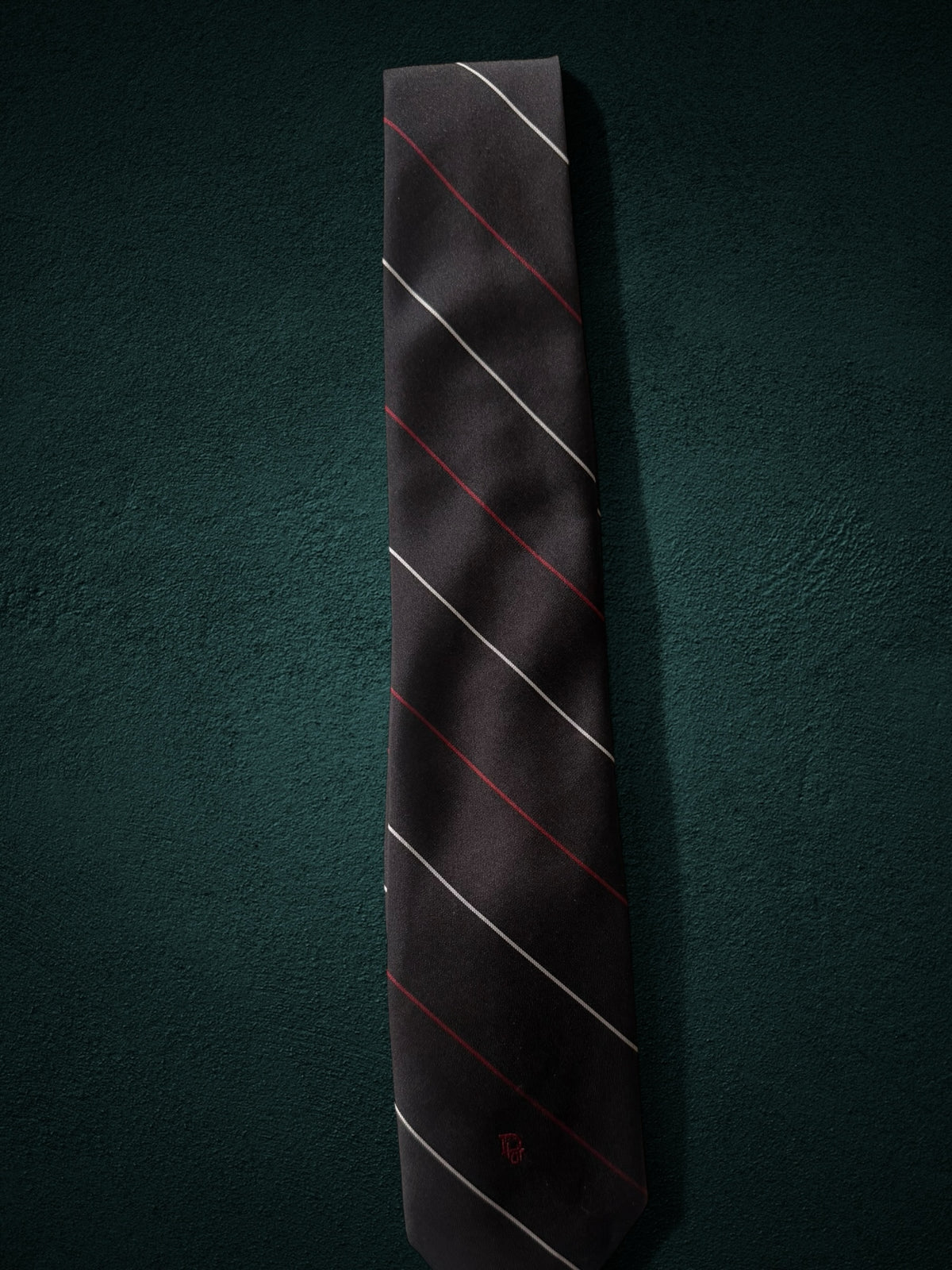 My Store Christian Dior black necktie with white and red diagonal pinstripes and embroidered logo