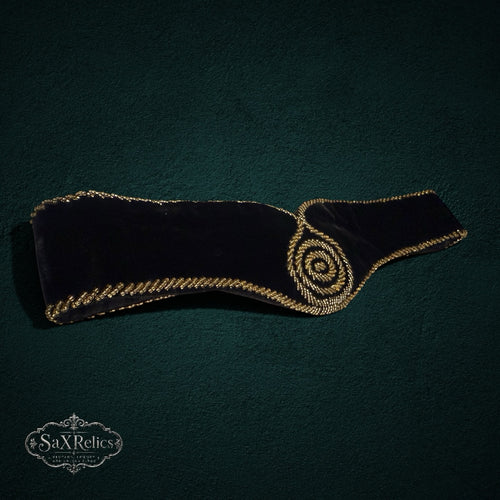 My Store vintage Christian Dior black velvet waist belt with gold braided trim and intricate spiral embroidery detail.