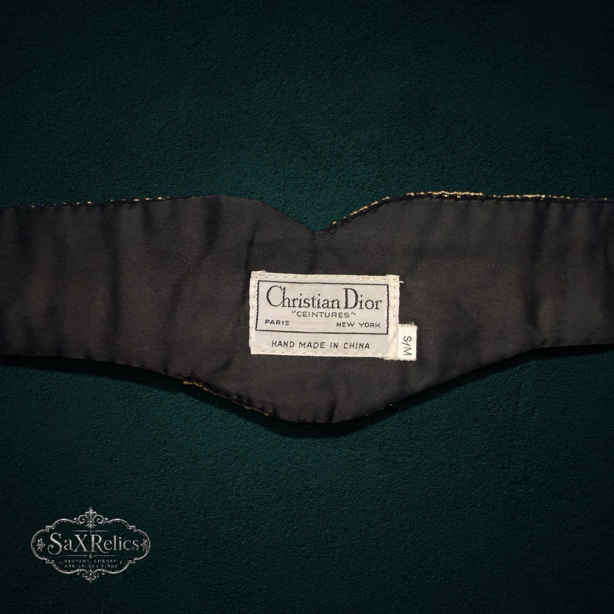 My Store vintage Christian Dior black velvet waist belt interior label showing brand and size S/M