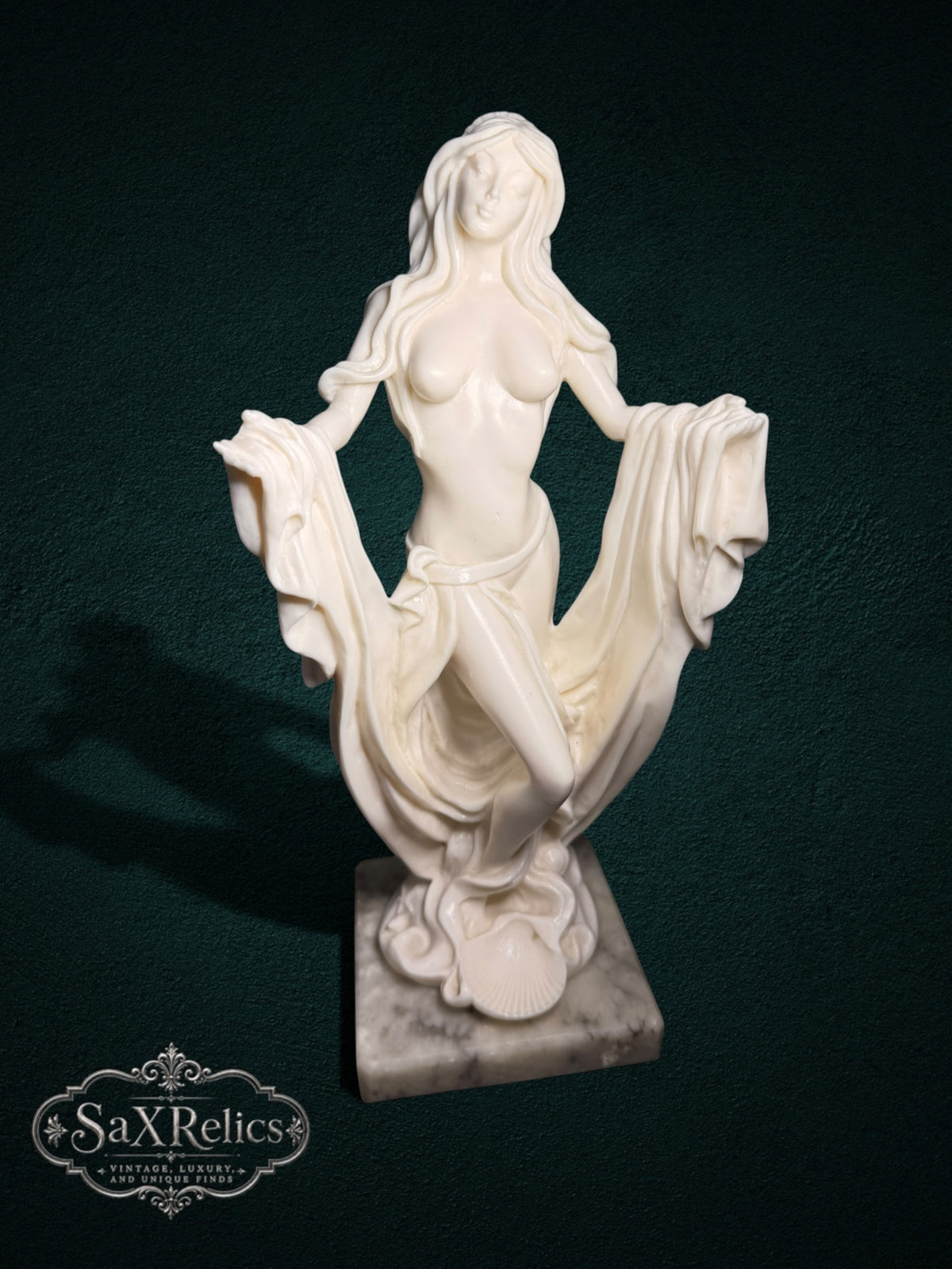 My Store elegant classical female figurine sculpture with flowing draped fabric on a polished marble base