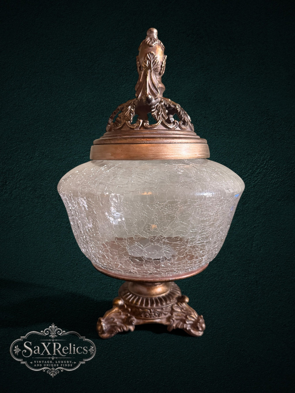 My Store vintage-inspired decorative glass pedestal jar with crackle glass bowl and ornate antique-bronze metal lid