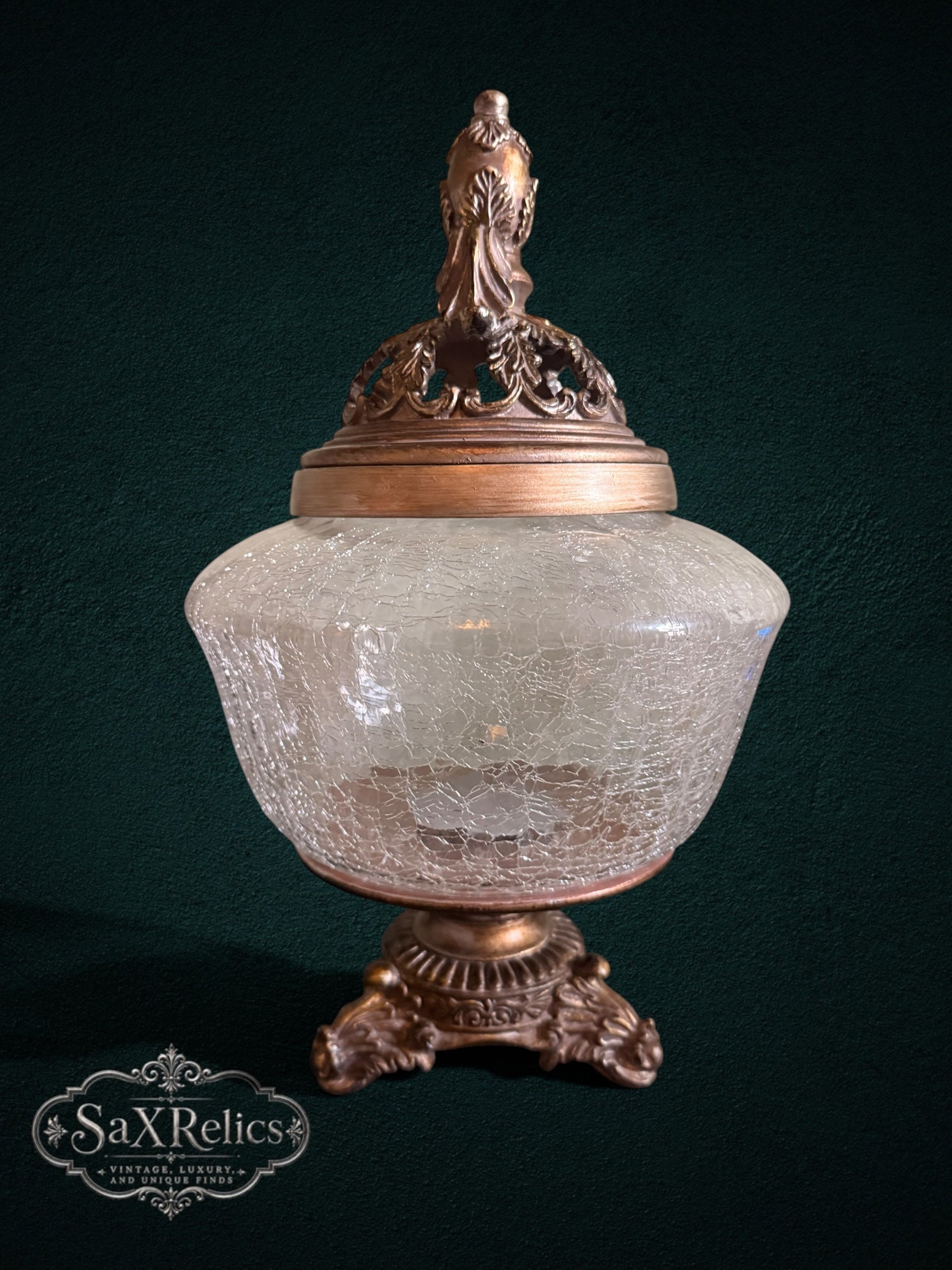 My Store vintage-inspired decorative glass pedestal jar with crackle glass bowl and ornate antique-bronze metal lid