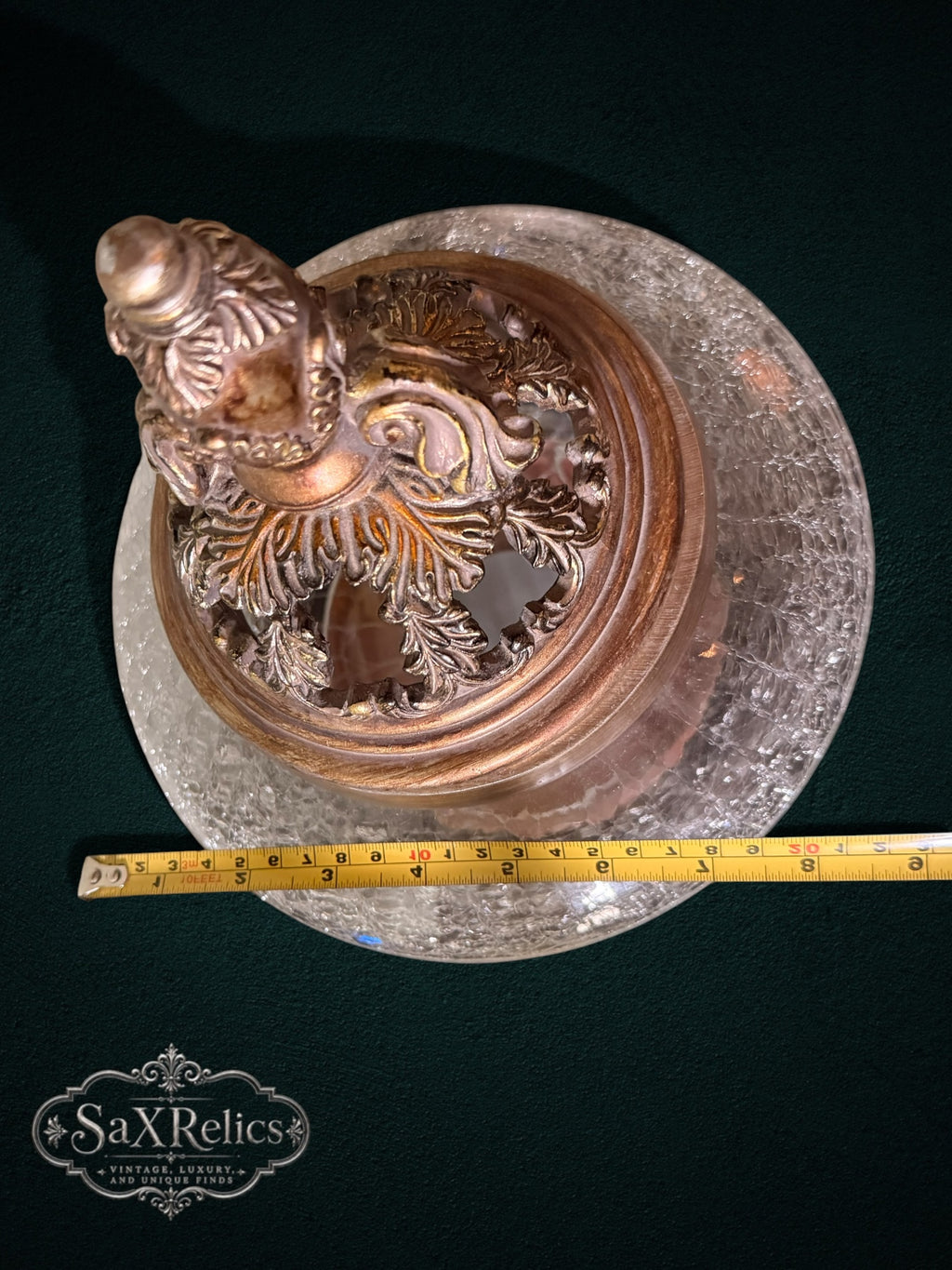 My Store decorative glass pedestal jar with ornate antique bronze lid and crackle glass bowl viewed from above