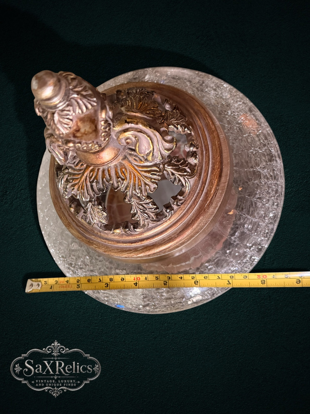 My Store decorative glass pedestal jar with ornate antique bronze lid and crackle glass bowl viewed from above