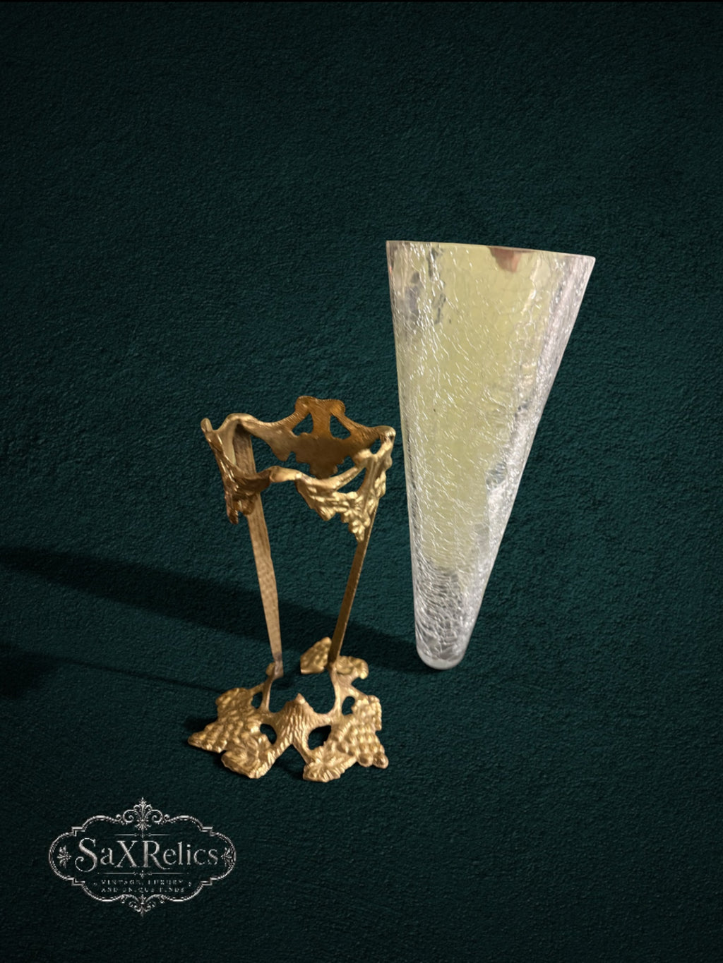 My Store decorative trumpet vase with crackle glass insert and ornate antique-gold metal stand with vine motifs.