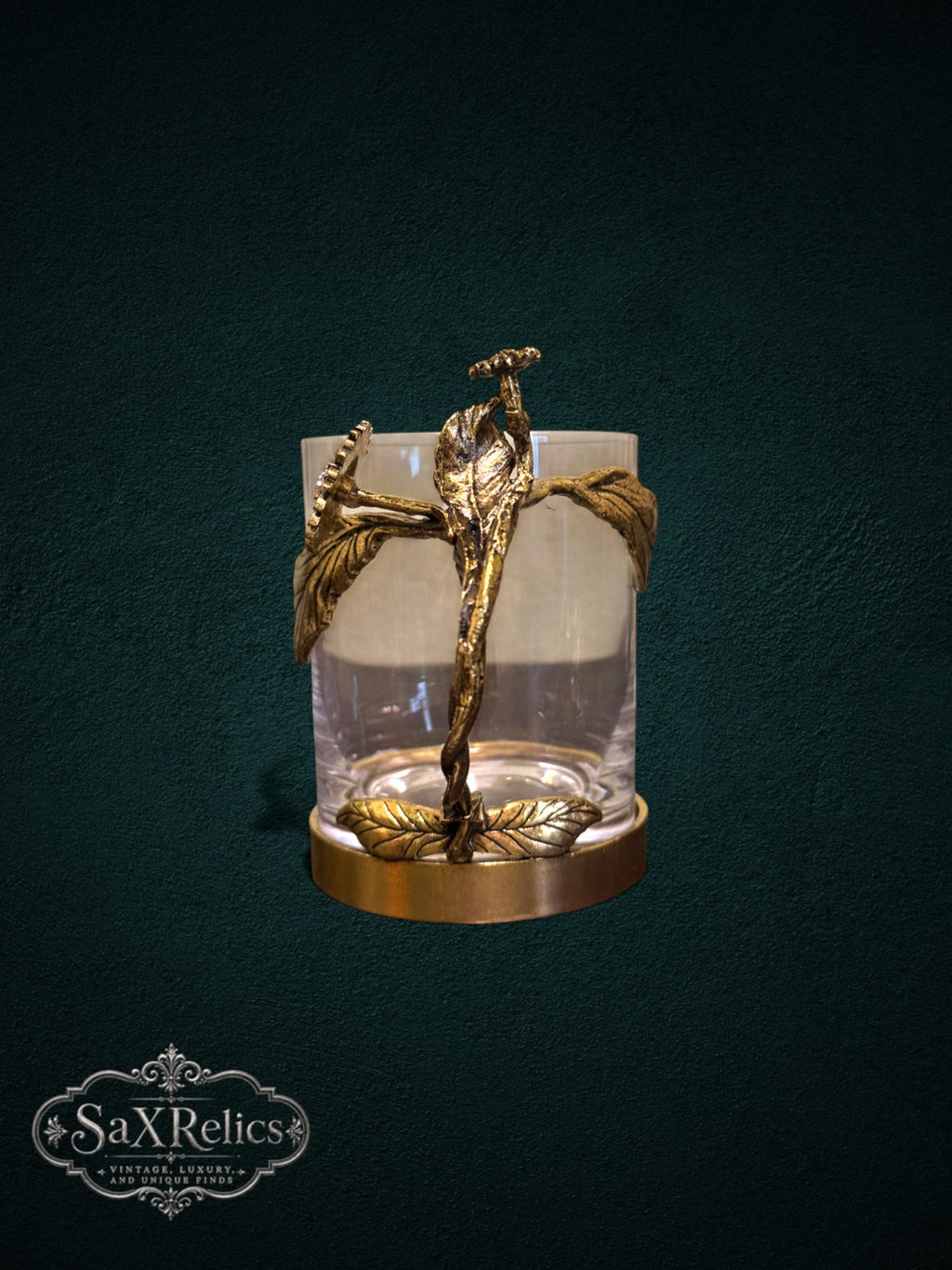 My Store decorative clear glass with an ornate antique-gold metal handle featuring botanical leaf and sunflower motifs
