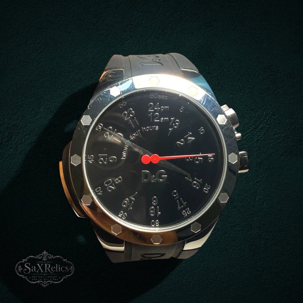 My Store Dolce & Gabbana stainless steel analog watch with black rubber strap, 24-hour dial, and red second hand.