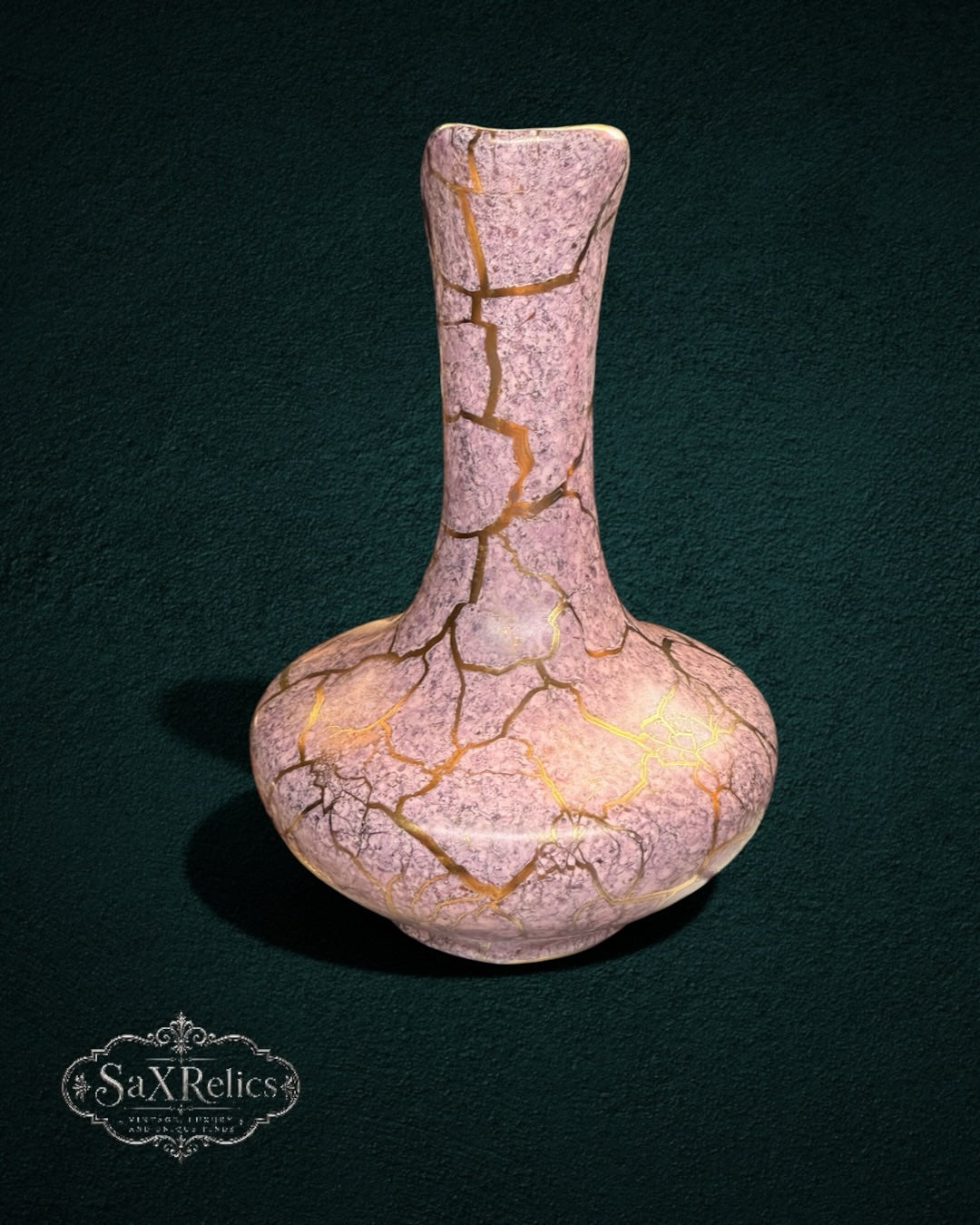 My Store SaxRelics dusty rose marbleized ceramic vase with gold-tone kintsugi-style crackle detailing.