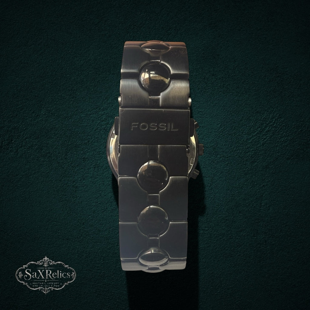 My Store Fossil Arkitekt stainless steel chronograph watch featuring a unique articulated link bracelet and clasp.