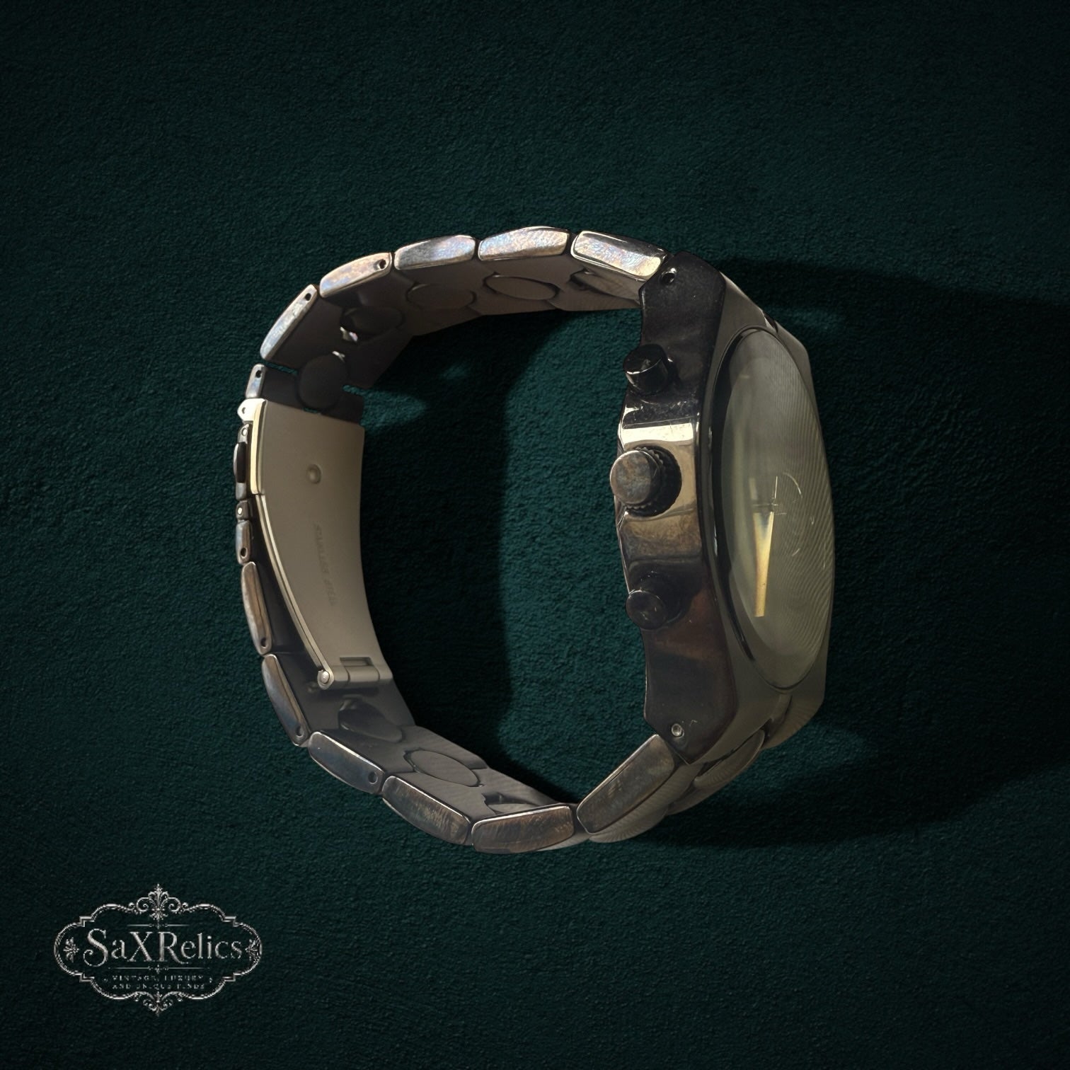My Store Fossil Arkitekt stainless steel chronograph watch with articulated link bracelet on dark textured background