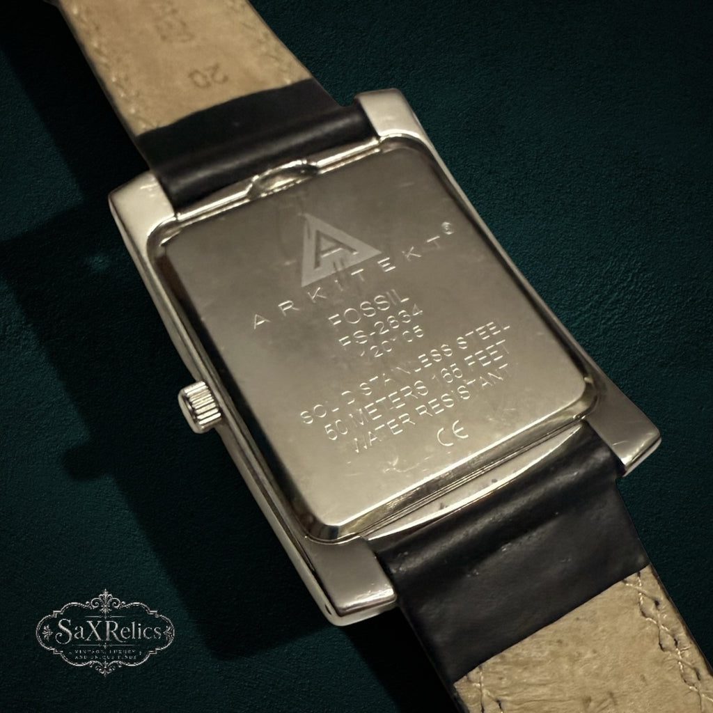 My Store Fossil Arkitekt rectangular stainless steel watch case back with black leather strap