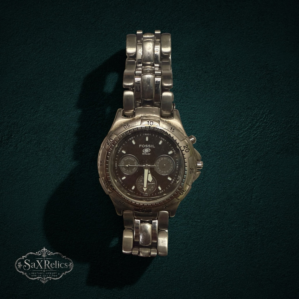 My Store Fossil Blue stainless steel chronograph watch with a dark dial and metallic link bracelet